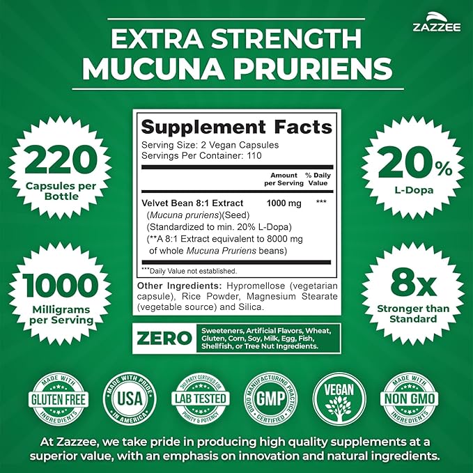Zazzee Extra Strength Mucuna Pruriens 8:1 Extract Minimum 20% L-Dopa 1000 mg 220 Vegan Capsules 110 Day Supply Concentrated and Standardized 8X Extract 100% Vegetarian All-Natural and Non-GMO