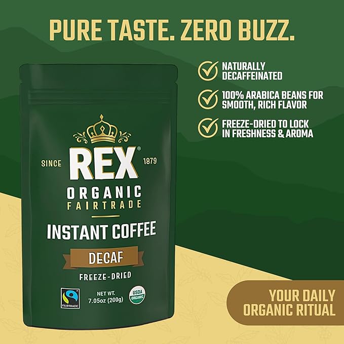 Rex Organic Fairtrade Natural Decaf Freeze-Dried Instant Coffee – Naturally Decaffeinated Arabica 7.05 oz (Pack of 2) Resealable Pouch Bag – Lab Tested for Mold &amp Mycotoxins