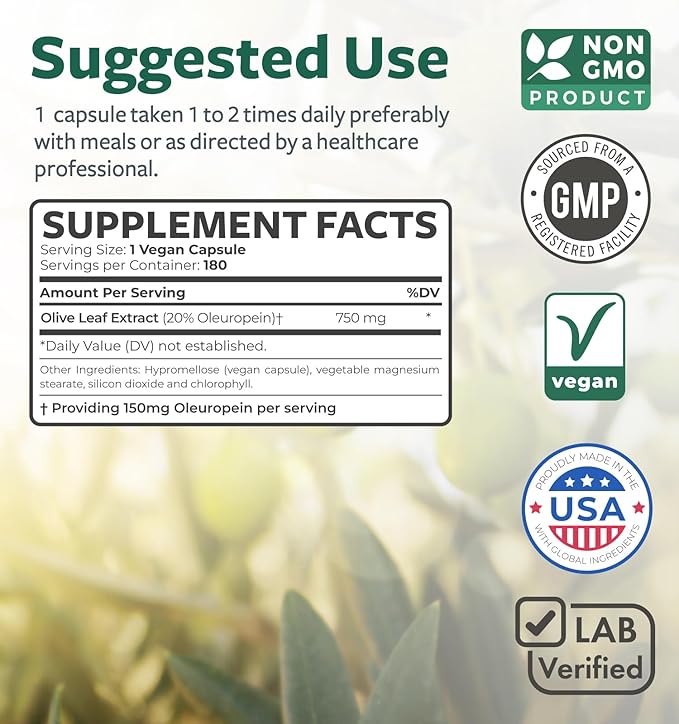Super Strength Olive Leaf Extract Capsules - Vegan Non-GMO 750mg Olive Extract with 20% Oleuropein Antioxidant Supplement for Immunity Skin and Heart Health Support - Made in The USA (6 Month Supply)