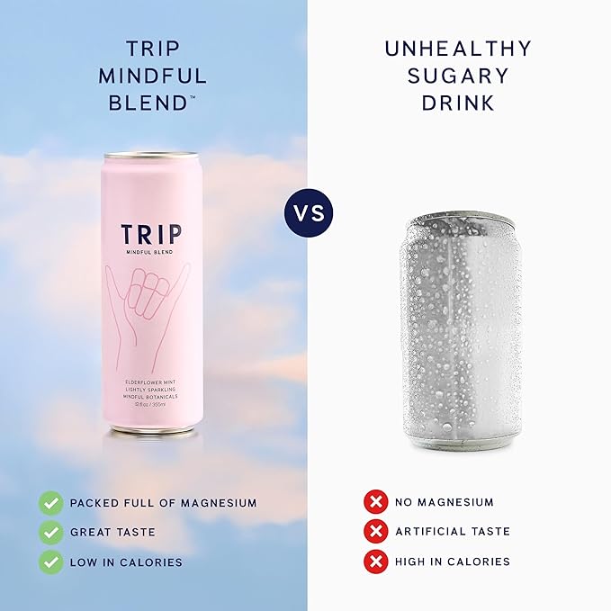 TRIP Lightly Sparkling Adaptogen Drink Non Alcoholic Drink with Magnesium Ashwagandha Lions Mane &amp L Theanine No Added Sugar Mocktail Vegan Elderflower Mint 12 Oz 12Pk