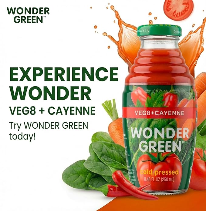 Wonder Green 100% Organic Cold Pressed Juice Variety Pack  8.45 oz (6 Pack) | 2 Veg8 + Cayenne 2 Clean Green 2 Carrot Celery Kale | Vegetable Juice Blend All Natural No Additives or Preservativ