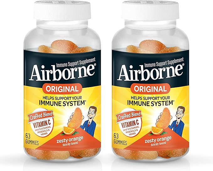 Airborne 750mg Vitamin C Immune Support Supplement Gummies for Adults Zesty Orange Flavor Gluten Free Crafted Blend with Powerful Antioxidants Vitamins A C &amp E 63 Gummies (2 Pack)