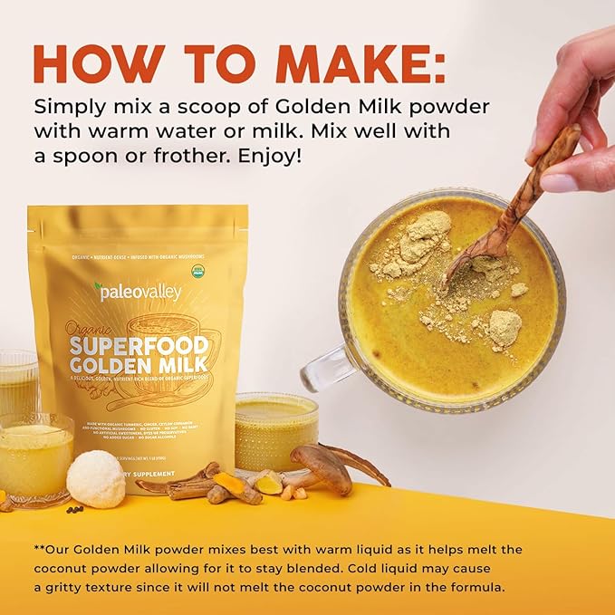 Paleovalley Organic Superfood Golden Milk - Immune Focus Cognitive Longevity - Turmeric MCT-Rich Coconut Milk Functional Mushrooms 30 Servings
