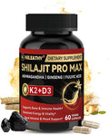 Shilajit for Men Women Shilajit w/Vitamin D3 K2 Shilajits for Men w/Fulvic Acid Ashwagandha Ginseng Root Shilajits for Extra Power Stamina Immune Support Non-GMO Made in US 60 Capsules