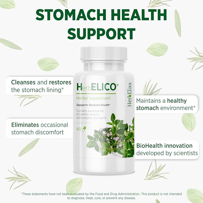 HerbELICO® - Wild Oregano Thyme &amp Summer Savory Essential Oils Mediterranean Blend 60 Capsules Herbal Supplement addresses H. Pylori Acid Reflux Heartburn Non-GMO &amp Gluten Free