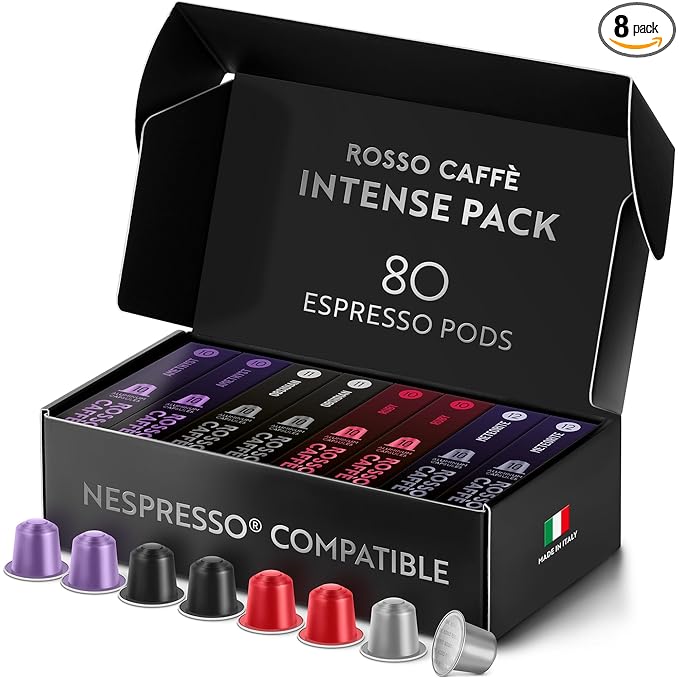 ROSSO CAFFÈ Espresso Coffee Pods for Nespresso Original Machines - 80 Capsules Dark Roast Intense Pack 4 Strong and Robust Flavors - Made in Italy