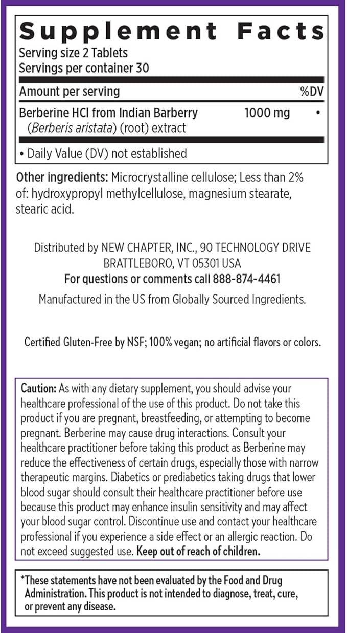 New Chapter Berberine Supplement - Super-Potent Berberine 1000 mg 30x Concentrated Indian Barberry Extract to Support Metabolic Health + Heart Health + Glucose Support Vegan Gluten Free 60 Count