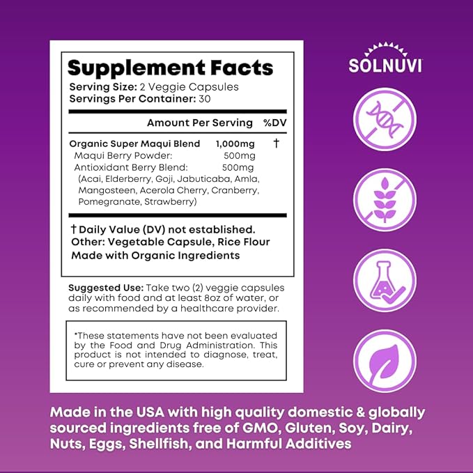 Organic Super Maqui Berry Capsules - Superfood Powder - Elderberry Extract Cranberry Pomegranate Acai - Dry Eye &amp Tear Support Gut Health Skin - 60 Vegan Capsules Non GMO Gluten Free Supple