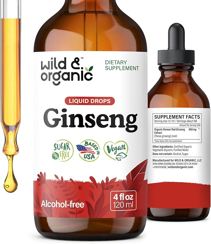 Wild &amp Organic Korean Panax Ginseng Extract Liquid - Red Ginseng Root Supplement for Overall Well-Being - Immune Support Drops - Vegan Sugar &amp Alcohol-Free Tincture - 4 fl oz