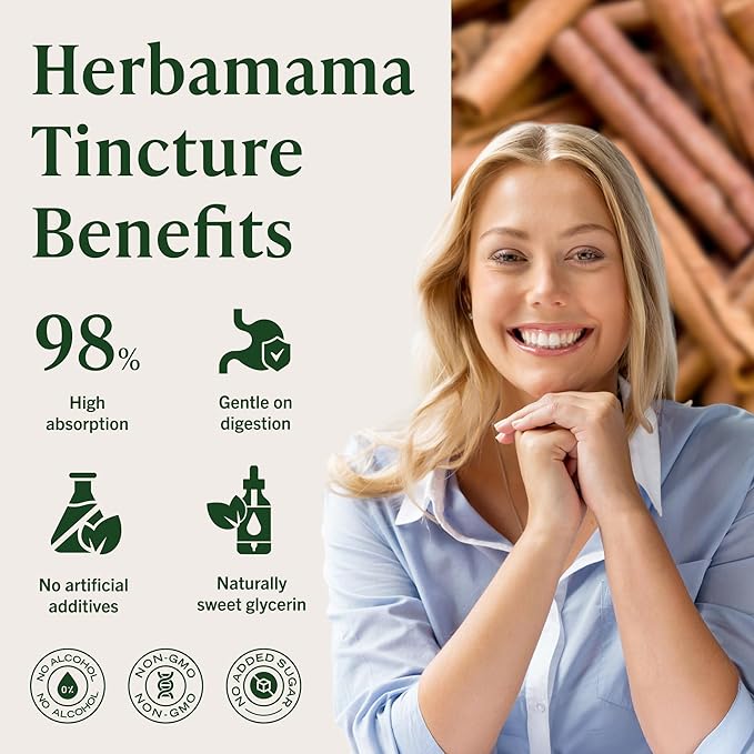 HERBAMAMA Ceylon Cinnamon Extract Liquid - Cinnamon Drops for Overall Support - Non-GMO Alcohol &amp Sugar-Free Antioxidant Tincture 42-Day Supply