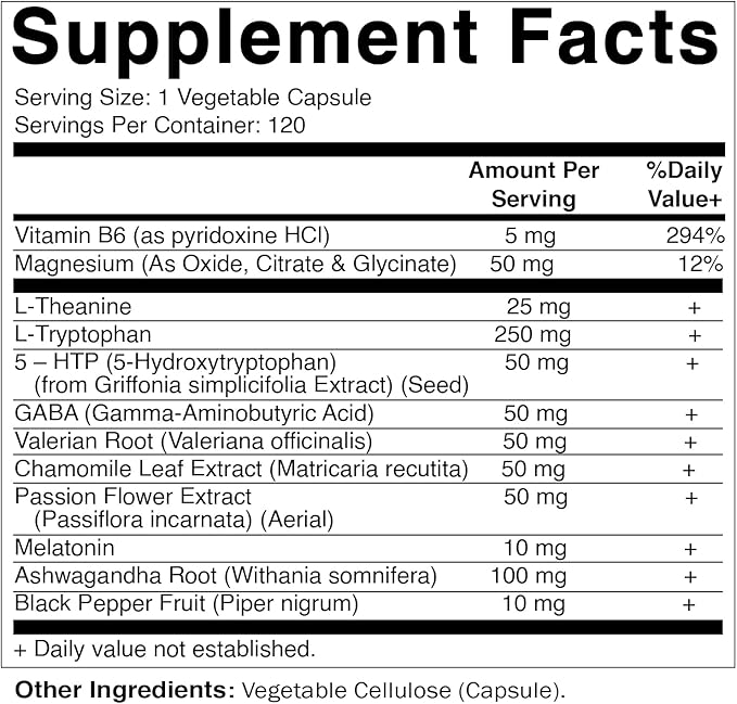 Vitamatic Melatonin Combo 20mg Melatonin Made with B6 Magnesium L-Theanine L-Tryptophan 5-HTP GABA Valerian Chamomile Passion Flower Ashwagandha &amp Black Pepper