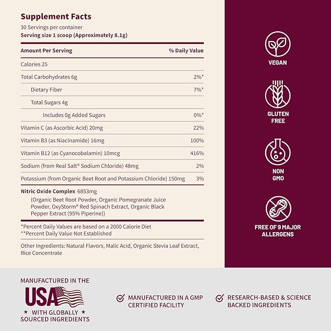 Snap Supplements Organic Beet Root Powder Nitric Oxide Supplement for Men &amp Women Red Spinach &amp Pomegranate Supports Healthy Energy &amp Blood Pressure Already in Normal Range 30 Servings