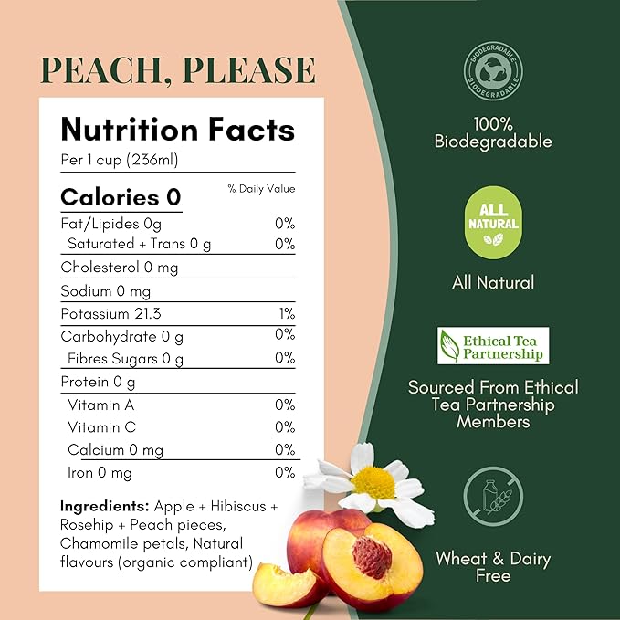 Tease Tea Peach Herbal Tea - Peach Please Caffeine Free Tea Made with Organic Peaches Hibiscus Flowers and Rosehip Hibiscus Tea Blend For Juicy Fresh Hydration And Glowing Skin