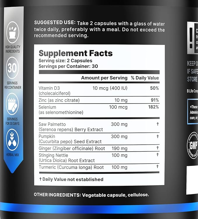 Prostate Health Supplements for Men with Saw Palmetto for Men &amp Pumpkin Seed Oil Capsules - Stinging Nettle Root| 60 Capsules – 30-Day Supply