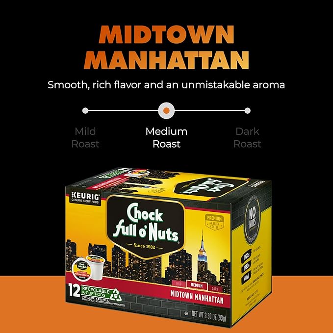 Chock Full o' Nuts Midtown Manhattan Keurig K-Cup Pods for Keurig Brewers – Premium Arabica Medium Roast – Single Serve – 1 Pack of 12 K-Cup Pods