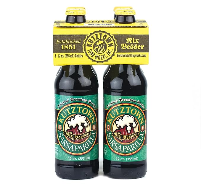 KauffmanTreats Kutztown Glass Bottle Sarsaparilla Soda Favorite Amish Drink 12 Oz. Bottles (Pack of 4)