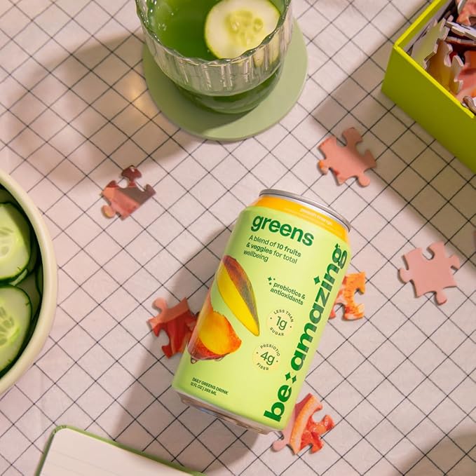 Be Amazing Greens Drink Peach Mango Vitamin Drinks With 10 Organic Fruits and Vegetables Coconut Water Vitamin C and Prebiotic Fiber 25 Calories Low Sugar Vegan and Gluten Free 8 Pack