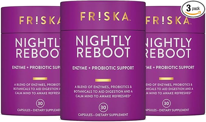 Friska Nightly Reboot - Nighttime Digestive Enzymes Probiotic for Gut Balance &amp Bloating Support with Melatonin &amp Chamomile to Promote Relaxation &amp Sleep 90 Capsules