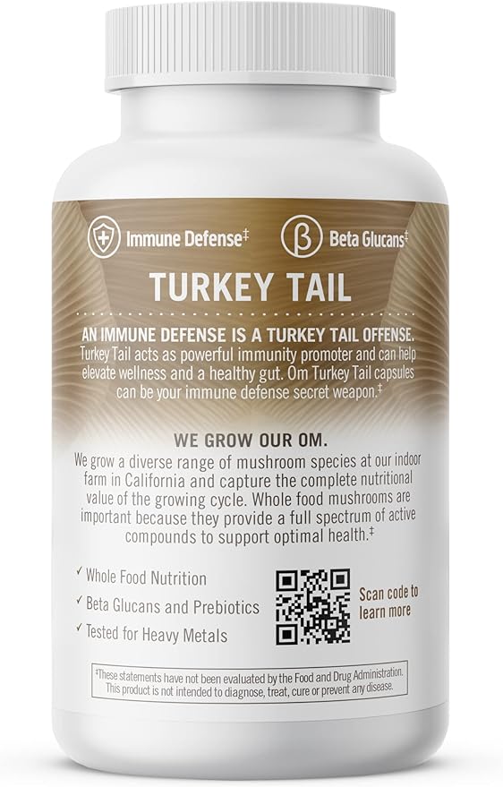 Om Mushroom Superfood Turkey Tail Mushroom Capsules Superfood Supplement 90 Count 30 Days Immune Support Polysacchrides Beta-Glucans Gut Health &amp Holistic Defense Mushroom Supplement