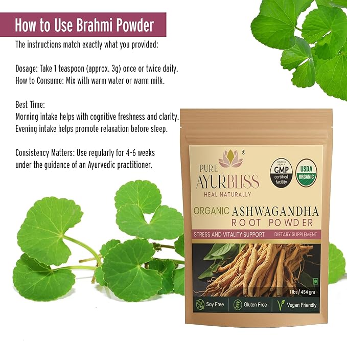 100% Organic Brahmi Powder Ayurvedic Bacopa Monnieri for Memory Focus and Nervous System Care Nootropic Brain Support Blend for Cognitive Wellness Gut Balance - 16oz