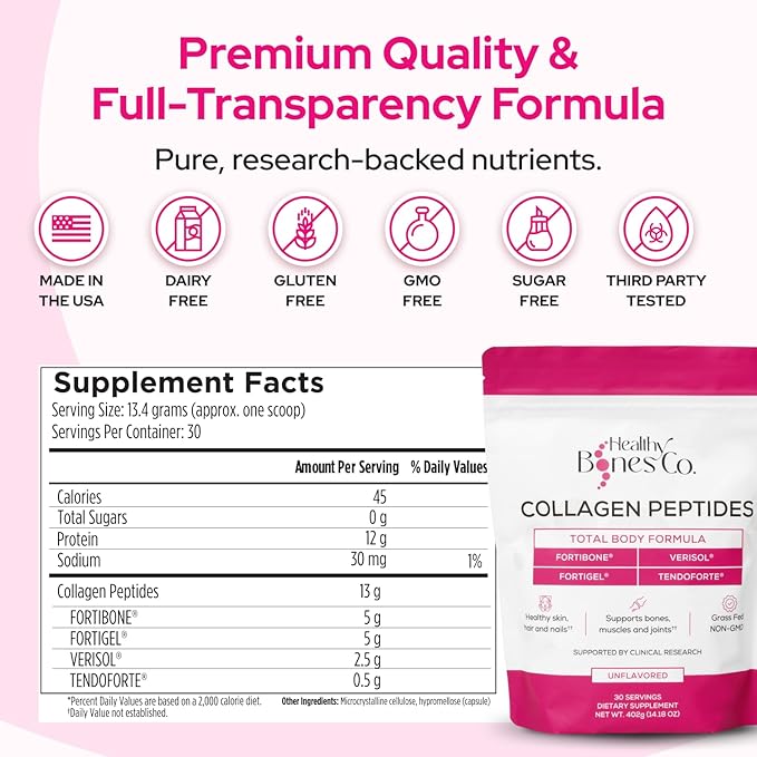 FORTIBONE® Premium Bone Health Collagen Peptides w/FORTIGEL® VERISOL® TENDOFORTE® | Clinically-Supported for Bones Joints Skin Hair Nails | Hydrolyzed Collagen Anti-Aging Formula | 30 Servings
