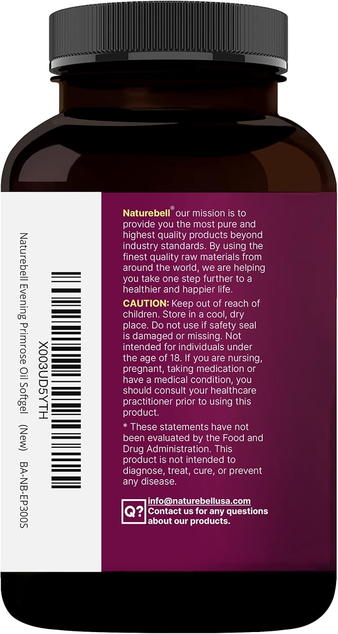 NatureBell Evening Primrose Oil with Black Cohosh 1300mg Per Serving 300 Mini-Softgels | Cold Pressed Seeds Retains 130mg GLA for Womens Health &amp Skin Care Support – Hexane Free Non-GMO