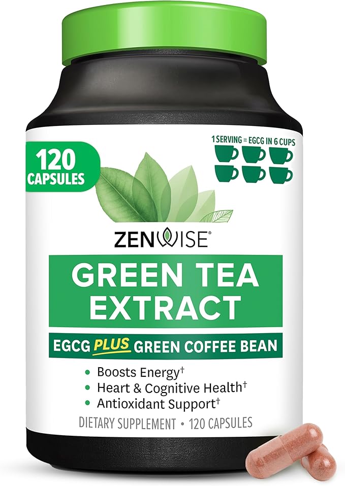 Zenwise Health Green Tea Extract Capsules for Men &amp Women - EGCG Supplement with Green Coffee Bean Extract Boosts Energy &amp Memory - Immune Support for Skin Brain &amp Hearth Health - Vegan -