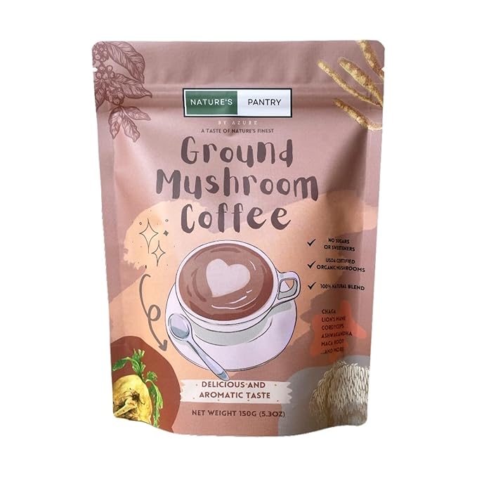 Premium Blend USDA Certified Organic Ground Mushroom Coffee - No Sugars or Sweeteners Lion's Mane Chaga Cordyceps and more - Nootropic Concentration blend for sharper focus memory and immunity