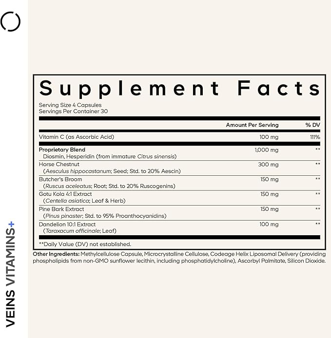 Codeage Veins Vitamins+ Supplement – Diosmin Hesperidin Horse Chestnut Butcher’s Broom Gotu Kola Pine Bark &amp Vitamin C – Leg Vein Health &amp Circulation Support – Non-GMO – 120 Capsules