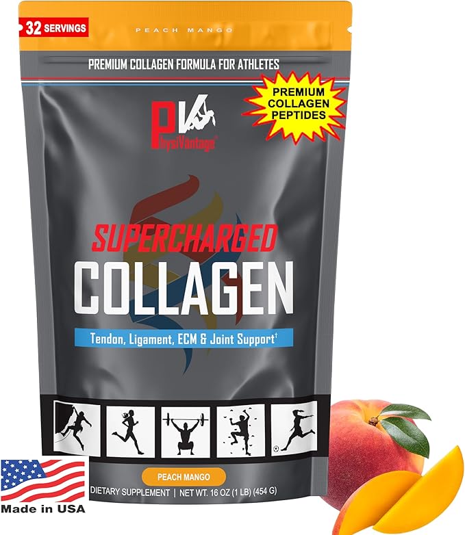 PhysiVantage Supercharged Collagen Peptides Powder - Hydrolyzed Collagen for Joint Tendon Ligament &amp Skin Health Support - Peach Mango Keto Paleo 16oz | Enhanced with Vitamin C BCAAs Grass