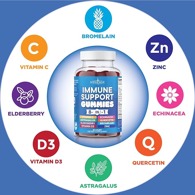NEW AGE 8 in 1 Immune Support Booster Supplement with Astragalus Root Vitamin C and Zinc 50mg Vitamin D 5000 IU Quercetin &amp Bromelain (8 in 1 Gummies (Pack of 3))