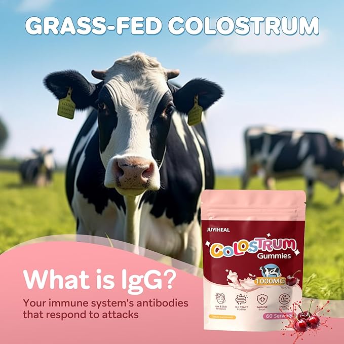 Colostrum Gummies 1000 mg Grass Fed Colostrum Chews Colostrum Supplement for Gut Health Hair Growth Beauty and Immune Support Cherry Flavor 60 Servings
