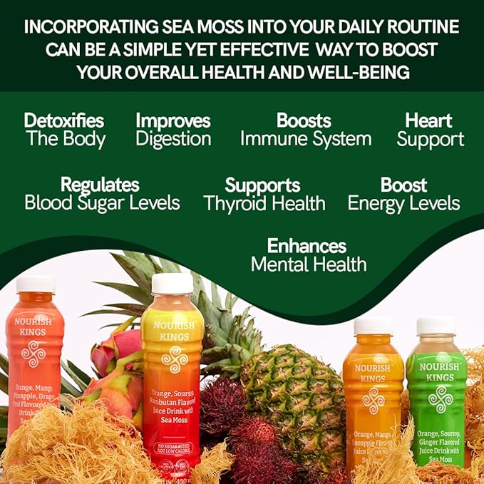 Nourish Kings- Sea Moss drink with Mango Pineapple and Orange Juice No Added Sugars or Preservatives 12 pack of 15.2 Fl oz Bottles
