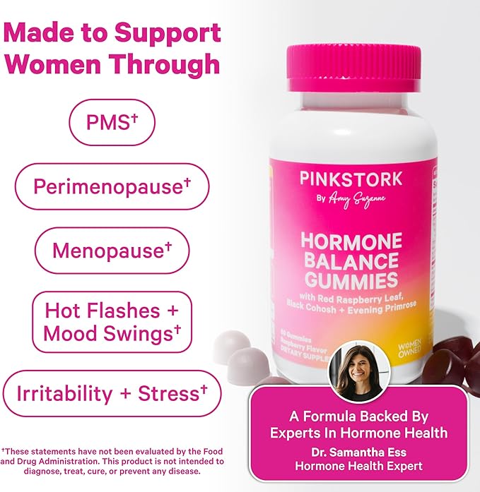 Pink Stork Hormone Balance Gummies for Women – PMS Menopause &amp Estrogen Support – Mood Bloating Hot Flashes &amp Energy – Red Raspberry Leaf Black Cohosh Primrose – 60 Vegan Gummies