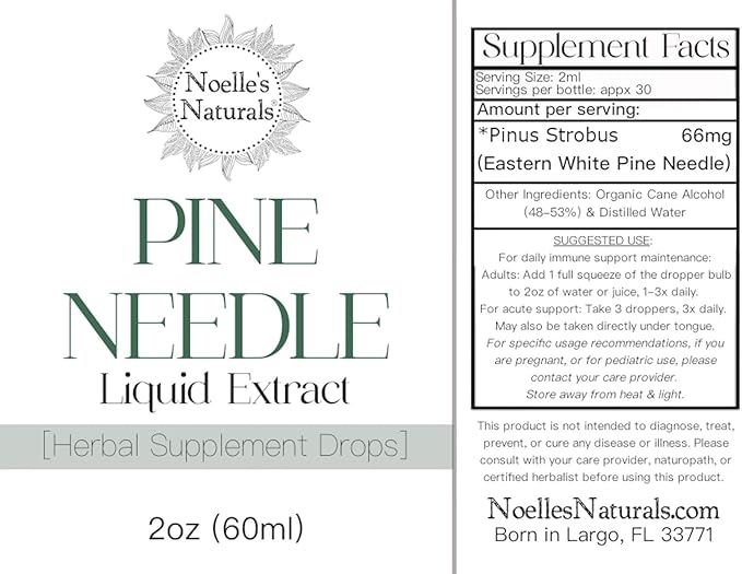 Noelle's Naturals Pine Needle Extract Tincture - Wildcrafted Eastern White Pine Needles Organic High Shikimic Acid Vitamin C &amp Antioxidants - Immune Support Drops 2 fl oz