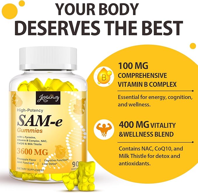 SAM-e Gummies with L-Tyrosine Vitamin B Complex &amp NAC CoQ10 High-Potency SAM-e Supplement - Pineapple Flavor for Mood Joint Cognitive &amp Liver Detox Vegan Friendly 180 Gummies