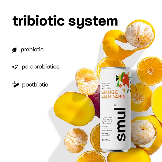 smul – Healthy Gut Soda – Mango Mandarin – Real Fruit Juice – Sparkling Healthy Drink – Only 7g Sugar &amp 30 Calories – No Artificial Sweeteners – Gluten-Free – 12 fl oz – 12 Pack