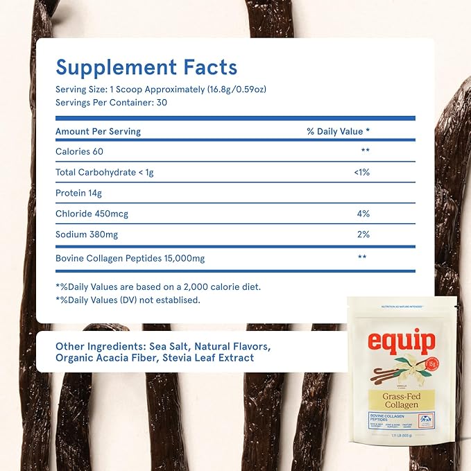 Equip Foods Grass Fed Collagen Powder | Hydrolyzed Bovine Collagen Peptides with Amino Acids | Prime Beef Collagen for Healthy Joints Skin &amp Nails | Non-GMO Paleo Friendly | 30 Servings Vanilla