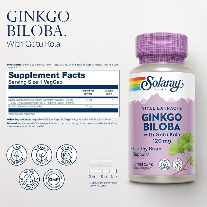 SOLARAY Ginkgo Biloba Extract with Gotu Kola - Ginko Biloba Capsules for Brain Health Support - Vegan Lab Verified 60-Day Guarantee - 60 Servings 60 VegCaps (30 VegCaps)