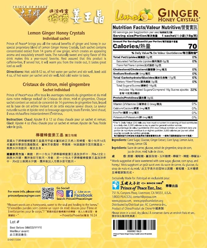 Prince Of Peace Instant Ginger Honey Crystals with Lemon 60 Sachets - Pack of 2 – Instant Hot or Cold Beverage That Soothes Throat – Easy to Brew – Drink Like a Tea – Gluten Free – Real Ginger