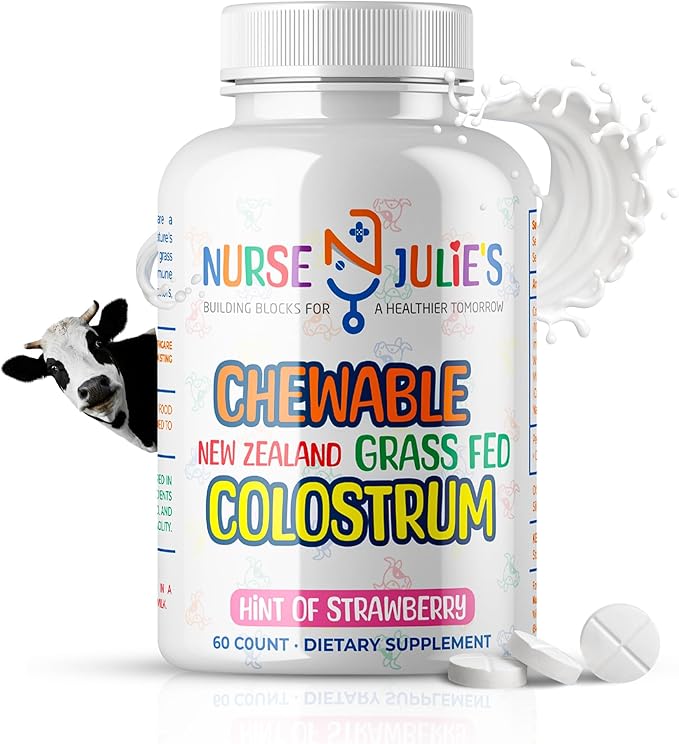 Nurse Julie's Chewable Colostrum Tablets for Kids - 100% Grassfed New Zealand Colostrum - Immune Support Gut Health in Children - 60 Tablets - 2 Month Supply