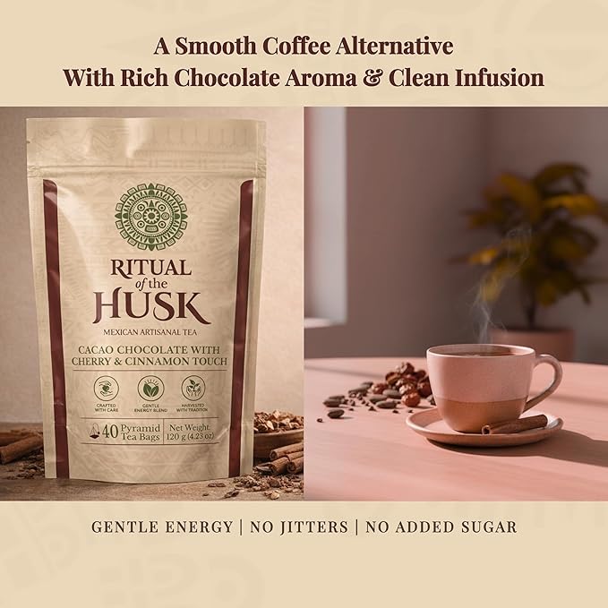 Cacao Husk Tea – Coffee Alternative Chocolate Herbal Tea Roasted Cacao Shell Infusion with Cherry &amp Cinnamon Naturally Caffeine Free 40 Pyramid Tea Bags – Ritual of the Husk