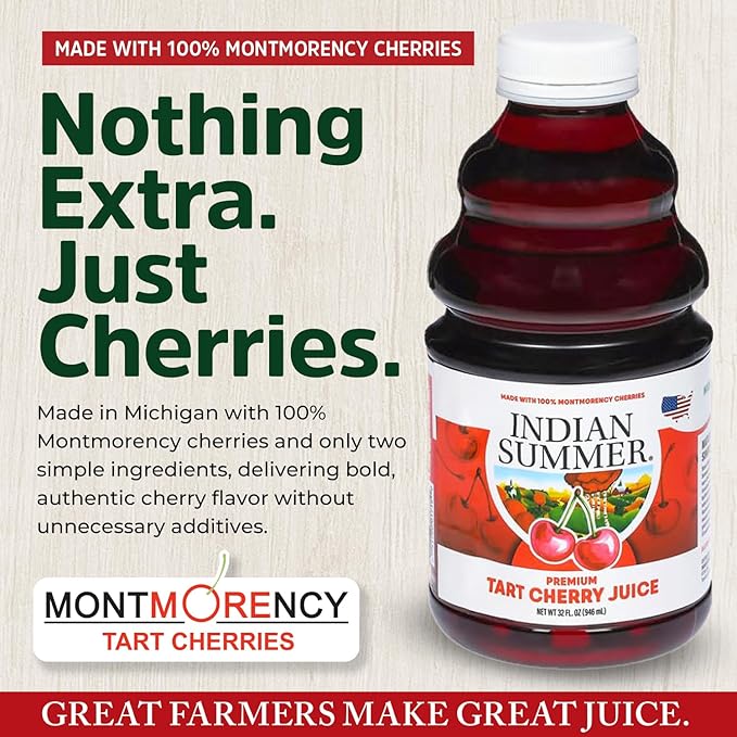 Indian Summer Premium Tart Cherry Juice Made with Montmerency Cherries 2 Simple Ingredients Handpicked Fruit since 1973 (32oz Pack of 6)