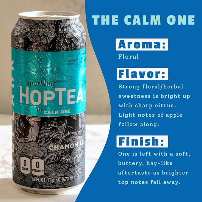 HOPLARK Sparkling HopTea - The CALM ONE - Tall 16fl oz cans (pack of 12) – Chamomile and Citra Hops – Herbal Sparkling Tea with Floral Citrus and Cinnamon Notes – Polyphenols – Antioxidants – Unsweete