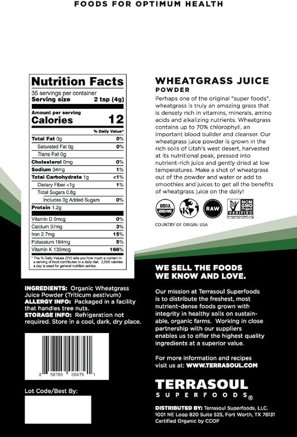 Terrasoul Superfoods Organic Wheat Grass Juice Powder 20 Ounces - USA Grown