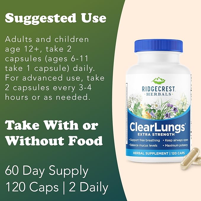 RidgeCrest Herbals ClearLungs Extra Strength Daily Health Supplement Natural Lung and Nasal Wellness Formula (120 Vegan Caps 60 Serv)