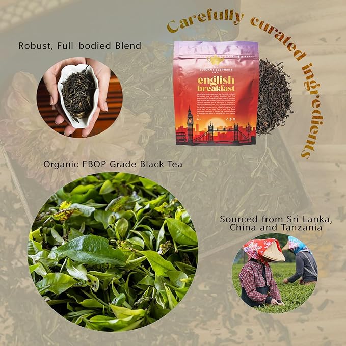 English Breakfast Tea Organic Loose Leaf Black Tea – Robust Full-Bodied Classic Blend – Drink Hot or Iced – 4 oz Resealable Bag (Makes 50 Cups) – The Elegant Elephant