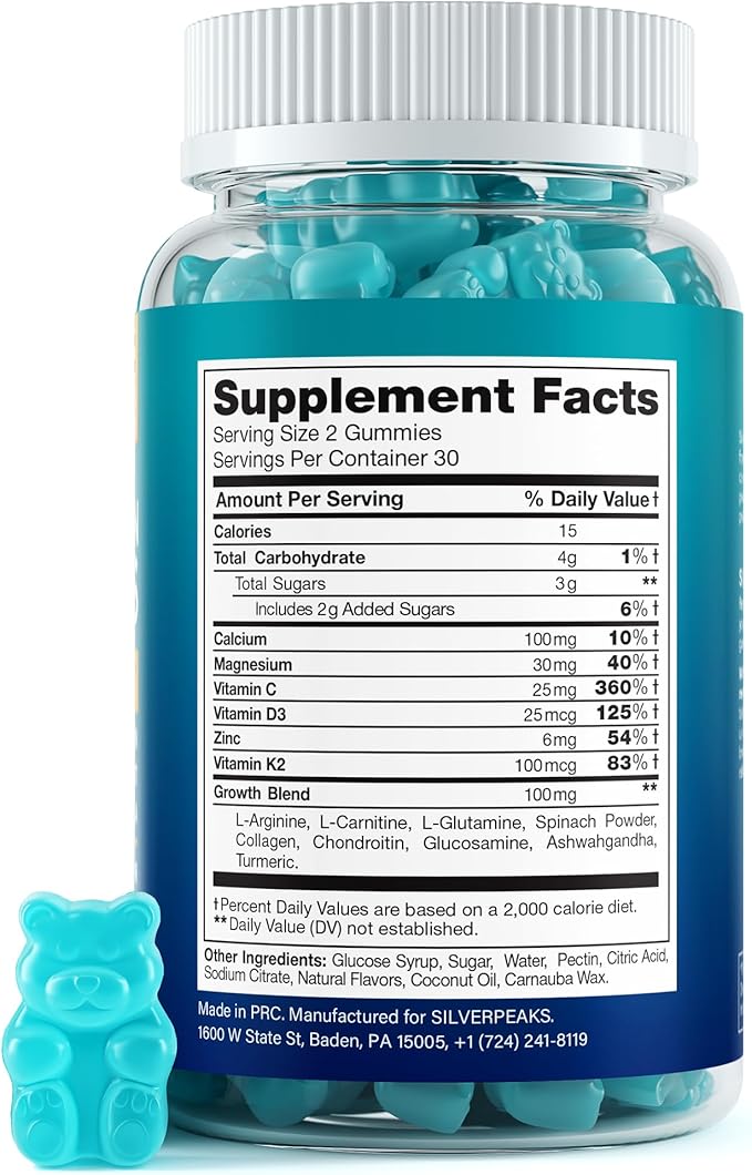 SILVERPEAKS Height Growth Gummies for Kids Teens &amp Adults - Height Growth Maximizer Supplement with Calcium Vitamins D3 &amp K2 Magnesium Zinc for Bone Strength &amp Height Increase - 60 Gum