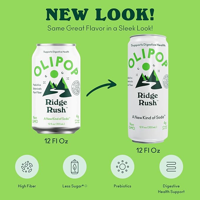 OLIPOP Sparkling Prebiotic Soda Ridge Rush Pantry Pack Packed with Prebiotics Fiber and Botanicals Gluten Free GMO Free 12oz Skinny Can (12 Pack)