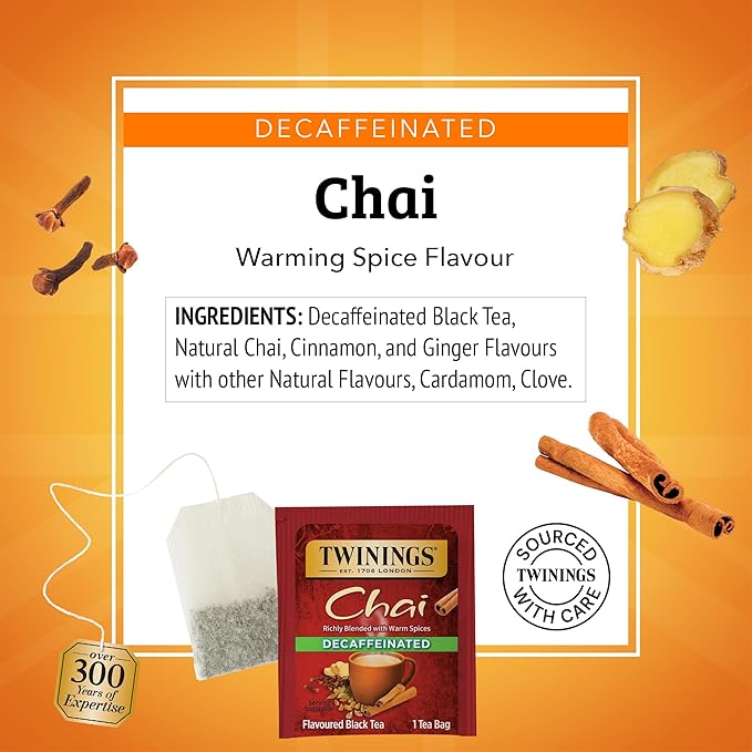 Twinings Decaffeinated Chai Individually Wrapped Bags 20 Count (Pack of 6) Sweet Savoury Spices Enjoy Hot or Iced 120 Teabags